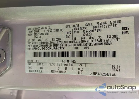 2019 Ford Escape Se из США, поврежденный, VIN 1FMCU9GD0KUA98372